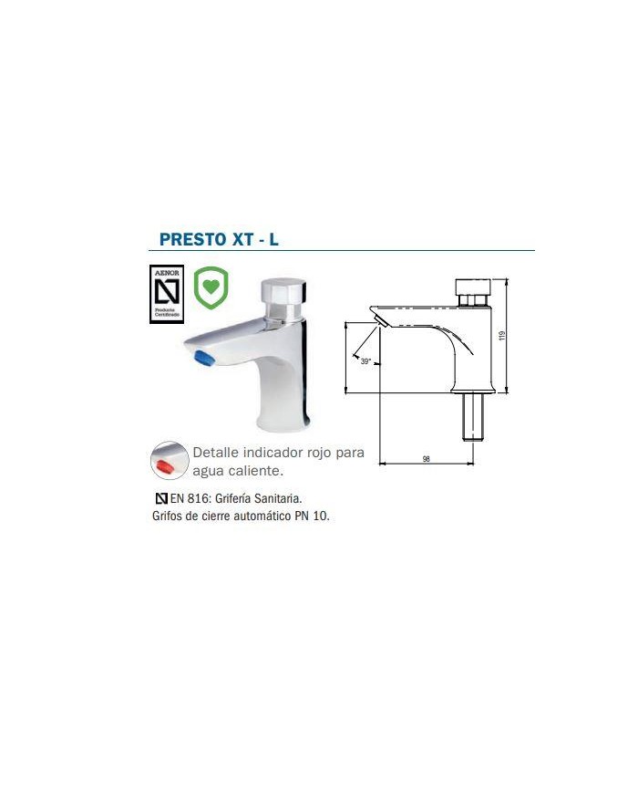Presto. Grifo temporizado un agua para instalación repisa XT-L